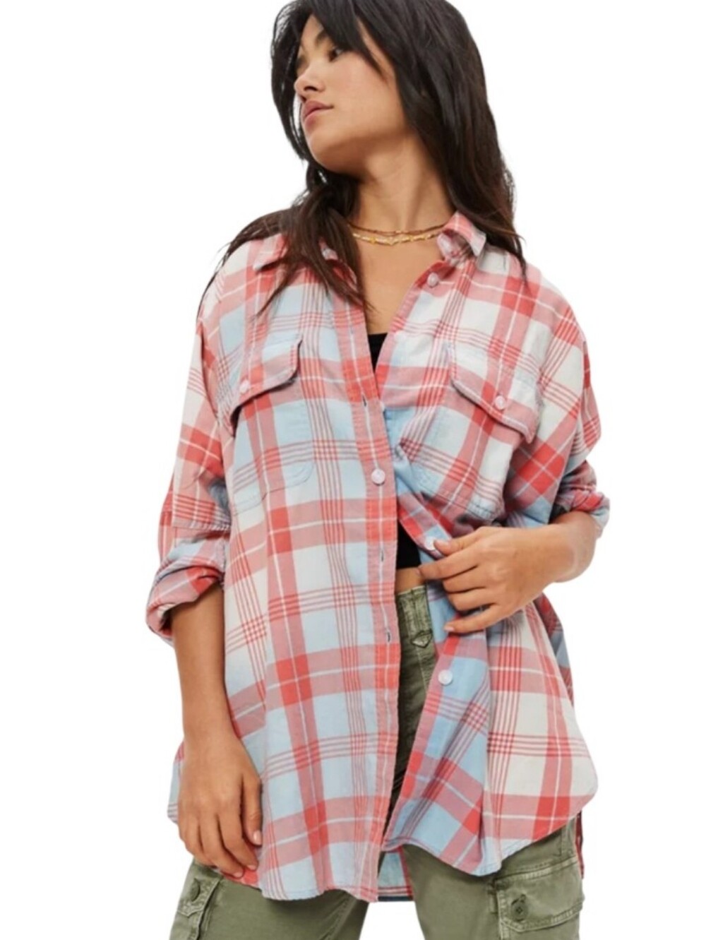 American Eagle Go Big Beach Flannel Pink White Oversized Plaid Shirt M